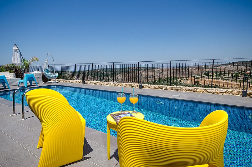 מתחם חוץ מפואר עם בריכת שחיה וג'קוזי ספא